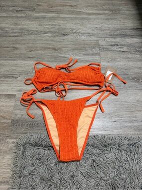 Girls Orange Textured Tie-Side One-Piece Swim Set